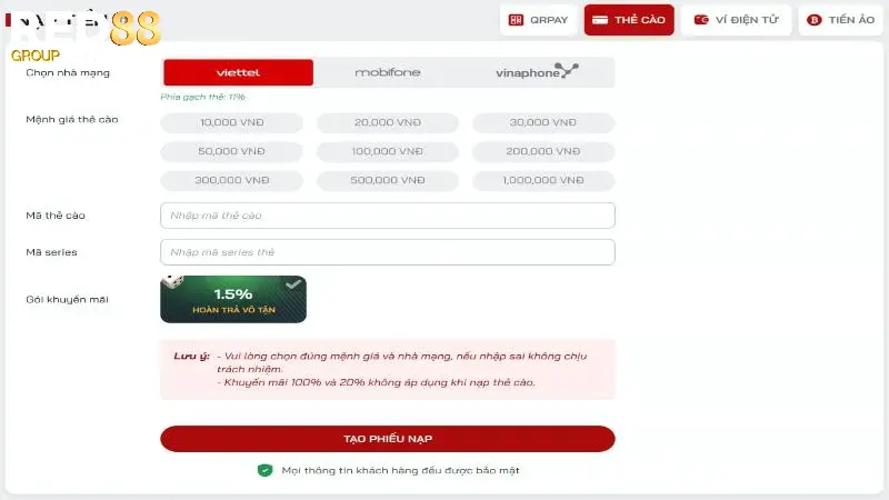 Quy trình nạp tiền Red88 qua thẻ cào điện thoại