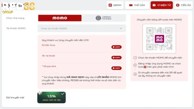 Nạp tiền Red88 qua ví điện tử nhanh chóng, tiện lợi
