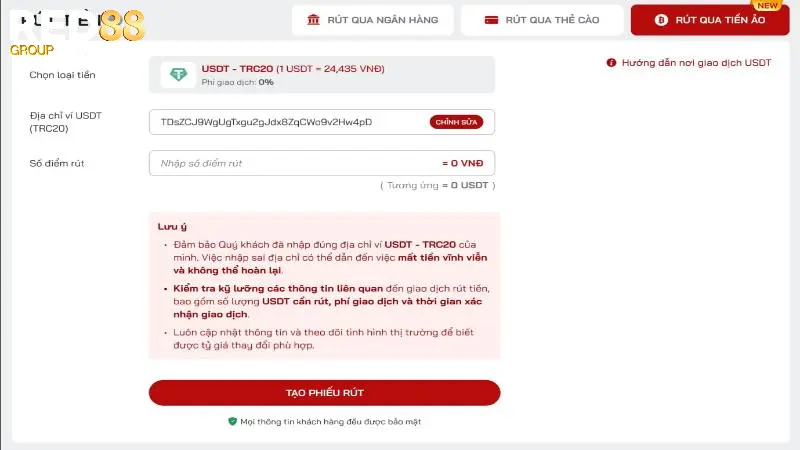 Rút tiền Red88 bằng tiền ảo phương thức mới mẻ